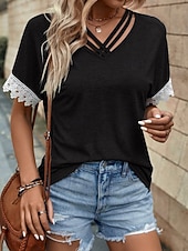 preiswerte Plain tee-Women's Shirt Blouse Lace Tops Patchwork Solid Color Stylish Classic Modern Short Sleeve V Neck Regular Tops Daily Holiday Going out Blue Black Wine Orange Gray Summer Spring