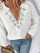 abordables Blouses &amp; Shirts-Women's Shirt Blouse Embroidered Print Floral Classic Modern Casual Long Sleeve V Neck Regular Tops Daily Outdoor Holiday White Summer Spring