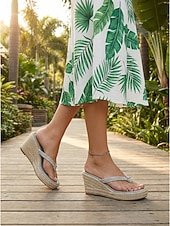 tanie Sandały na koturnie-Eleganckie, jasnoszare sandały damskie na koturnie – błyszczące paski z kryształkami i plecioną platformą espadryli, idealne na imprezy plenerowe i przyjęcia w tropikalnym ogrodzie &amp;wakacje letnie