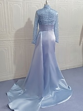 billiga Ballgowns för kvällsbruk-Sjöjungfru trumpet Svepsläp Telång Kvälls klänningar Balklänning med överkjol Formell klädsel Elegant Sidoslits Silkig Långärmad Hög hals Formell Satäng Paljetter med Pärldetaljer Paljett