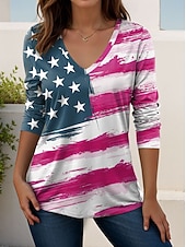 ieftine Ziua Independenței Top-Ziua Independenței Americane Pentru femei Tricou Imprimeu Grafic Steagul american Epocă Stilat Clasic Manșon Lung În V Topuri lungi Zilnic Sfârșit de săptămână Albastru piscină Roz Îmbujorat