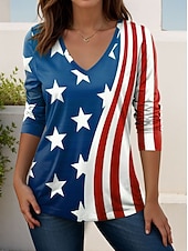 Χαμηλού Κόστους Ημέρα Ανεξαρτησίας Κορυφή-Ημέρα Αμερικανικής Ανεξαρτησίας Γυναικεία Μπλουζάκι Στάμπα Γραφική Αμερικάνικη σημαία Βίντατζ Στυλάτο Κλασσικό Μακρυμάνικο Λαιμόκοψη V Κανονικά μπλουζάκια Καθημερινά Σαββατοκύριακο