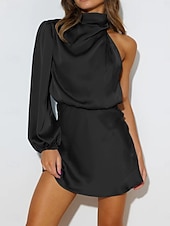 abordables Vestido Sencillo-Mujer Mini vestido Vestido de raso Vestido de Fiesta Vestido Cóctel Vestido tubo Elegante Moda Fiesta Fiesta de Cóctel Cita Ajuste regular Plano Manga Larga Escote Chino turquesa Negro Verde Claro