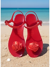 cheap Flat Sandals-Women's Vibrant Red Jelly Sandals - Waterproof Summer Flip Flops with Romantic Silk Rose Decor for Beach Vacations, Tropical Parties &amp; Resort Wear