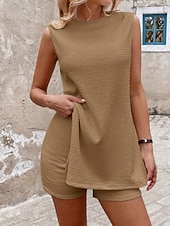 economico Abiti da donna con camicetta-Per donna Set di Pantaloncini Senza Maniche Girocollo Tinta unica Moda Streetwear Quotidiano Casuale Quotidiano All'aperto Nero Cachi Beige Estate Vestibilità regolare