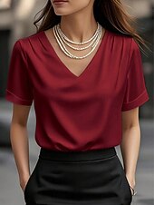 Χαμηλού Κόστους Απλή μπλούζα-Γυναικεία Μπλούζα Συμπαγές Χρώμα Κομψό Στυλάτο Βασικό Κοντομάνικο Λαιμόκοψη V Κανονικά μπλουζάκια Καθημερινά Μαύρο Λευκό Κρασί Φούξια Πράσινο του τριφυλλιού Καλοκαίρι Άνοιξη