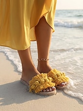 preiswerte Rutschsandalen-Damen Strand Urlaub Quaste Flacher Absatz Runde Zehe Bohemien Urlaub Stoff Loafer Schwarz Gelb Grün