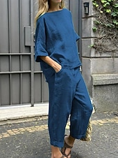 preiswerte Blusenanzüge für Damen-Damen Hosen-Sets Kunstbaumwollleinen Dreiviertelarm Rundhalsausschnitt Einfarbig Elegant Mode Streetwear Lässig Täglich Outdoor Schwarz Weiß Gelb Sommer Normale Passform