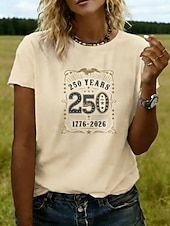  Amerikanischer Unabhängigkeitstag Damen T Shirt T-Shirt Druck Grafik Stilvoll Klassisch Lässig Kurzarm Rundhals Normale Oberteile Täglich Ausgehen Wochenende Blau Schwarz Weiß Rote Khaki Sommer