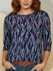 お買い得  アート＆デザインTシャツ-女性用 Tシャツ プリント フラワー グラフィック スタイリッシュ クラシック カジュアル 長袖 クルーネック レギュラートップス 日常 週末 バケーションウェア ブラック ワイン アーミーグリーン ネイビーブルー オレンジ 夏 春 秋