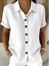 tanie Gładkie bluzki-Damskie Bluzka Guziki Jednokolorowe Elegancki Codzienny Krótki rękaw Kołnierzyk koszuli Zwykłe topy Codzienny Niebieski Biały Rumiany róż Czerwony Zielony Lato Wiosna Jesień