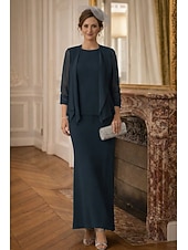 baratos Conjuntos de vestidos para mamãe-Duas Peças Tubinho Longo Vestido de convidada de casamento Vestido Para Mãe dos Noivos Manga Longa Scoop pescoço Elegante Formal Convidado do casamento Chiffon Embrulho incluido com Cor Única