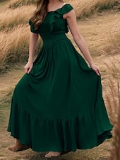 billiga Semester Boho Klänning-Dam Maxiklänning Vardagsklänning Elegant Vintage Mode Utomhus Strand Semester Normal Slät Kortärmad Över axeln Blå Rubinrött Grön Aprikos Sommar Vår
