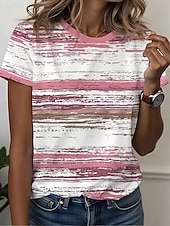 cheap Stripe&amp;Geometric tee-Women's T Shirt Print Striped Graphic Striped Abstract Stylish Classic Casual Short Sleeve Crew Neck Regular Tops Daily Blue Sage Green Pink Red Summer Spring