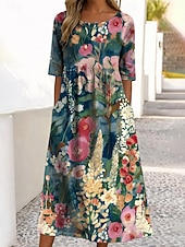  女性用 ミディドレス カジュアルドレス プリントドレス ヴィンテージ アウトドア バケーション お出かけ ルーズフィット フラワー グラフィック ハーフスリーブ クルーネック ブルー ライトパープル パープル グリーン 夏 春