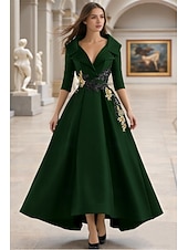 baratos Vestidos de Festa em A-Linha A Longo Vestido formal Vestidos de noite Elegante Manga Longa Decote V Carnaval Formal Bolsos Cetim com Miçangas Apliques