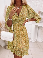 baratos Vestidos Boho-Mulheres Minivestido Vestido Boho Vestido antigo Vestido casual Vestido floral Elegante Moda Moderno Praia Férias Para Noite Normal Floral Meia Manga Decote V Azul Verde Cinzento Verão Primavera