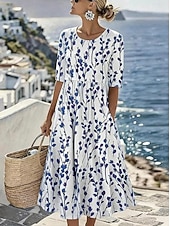 ieftine Rochii casual florale-Pentru femei Rochii Midi Rochie de schimb Vacanță Casual Boho Zilnic Rochie de vară Rochie de primăvară Fit regulat Floral Grafic Lungime Manșon 3/4 Stil Nautic Albastru piscină Alb Verde Deschis