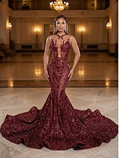 abordables Vestidos de Noche Sirena-Corte Trompeta Sirena Cola barrida Trajes de gala Vestidos de noche Corte Cenicienta Vestimenta formal Elegante Sin Mangas Escote de ilusión Carnaval Formal afroamericano Lentejuelas con Lentejuela