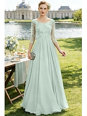 economico Lunghezza del pavimento-Linea ad A Lunghezza al pavimento Abito da invitata a nozze Abito Formale Abito da sera Abito da cerimonia per signora Manica 3/4 Collo gioiello Elegante Ricevimento di matrimonio Chiffon Pizzo con