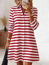 abordables Robes de travail-Femmes Robe Longueur Genou Robe Chemise Vacances Anniversaire Occasionnel Plage Coupe régulière Graphique Rayure manche longue Revers Bleu Noir Rouge Été Printemps