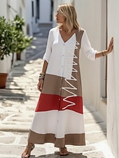 economico Abito Boho-Per donna Abito maxi Abito Boho Vestito Casual Abito Stampato Elegante Moda Moderno All'aperto Vacanza Uscire Vestibilità comoda Geometrico Manica Corta Scollo a V Bianco Rosso Cachi Estate Primavera