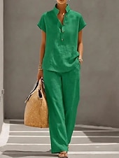 ieftine Seturi-Pentru femei Seturi de pantaloni In din bumbac artificial Manșon scurt Guler de stand Culoare solidă Modă Șic Stradă Casual Zilnic În aer liber Albastru piscină Galben Trifoi Primavara vara Potrivire