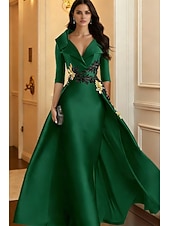 cheap Ball Gown Evening Dresses-A-Line Floor Length Evening Gown Elegant 3/4 Length Sleeve Shirt Collar Formal Satin with Appliques