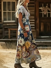 economico Abito Boho Etnico-Per donna Abito maxi Abito Boho Vestito Casual Abito a trapezio Abito Stampato Vintage All'aperto Vacanza Weekend Vestibilità regolare Floreale Grafico Manica Corta Scollo a V Blu marino Viola Verde