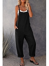 preiswerte Hose-Damen Modisch Overall Jumpsuit Seitentaschen In voller Länge Hose Casual Wochenende Unelastisch Glatt Leinenoptik Komfort Mittlere Taillenlinie Grün Schwarz Rote S M L XL XXL