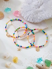 cheap Vacation Accessories-Women's Boho Elastic Beaded Anklet Set, Alloy Beads, Stretchable, Multi-Color, Trendy Summer Foot Jewelry, Perfect for Vacation, Travel and Daily Casual Wear