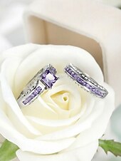 abordables Boda ACC-Juego de anillos para mujer, cobre con circonitas cúbicas, multicolor, elegantes anillos a juego para bodas, fiestas y eventos formales, joyería nupcial o de noche perfecta.