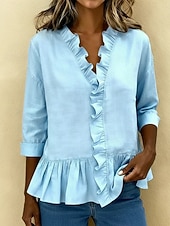 economico Camicie-Per donna Camicie effetto lino Blusa Camicia di cotone Volant Tinta unica Quotidiano Elegante Essenziale Manica 3/4 Scollo a V Top Regolari Quotidiano Blu Nero Bianco Cachi Rosso Estate Primavera