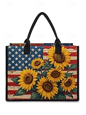  תיק נשיאה פוליאסטר לנשים עם קיבולת גדולה וכיס עם רוכסן, עיצוב פטריוטי של חמניות ודגל אמריקאי, מושלם ליום השנה ה-250, יום העצמאות ולשימוש יומיומי יומיומי