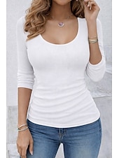 cheap Plain tee-Women's T Shirt Tee Solid Color Elegant Stylish Casual Long Sleeve U Neck Regular Tops Daily Going out Maroon Black White Red Rose Pink Summer Spring