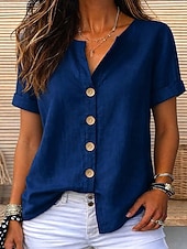  Mujer Camisa Algodón Compuesto Camisa de lino camisa boho Color sólido Plano Vintage Elegante Manga Corta Escote en Pico Tops largos Diario Exterior Ropa de calle Azul Piscina Verano Primavera