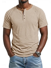 お買い得  カジュアルヘンリーTシャツ-男性用 ヘンリーシャツ Tシャツ 半袖 パッチワーク ファッション デザイナー カジュアル フリル ボタン ヘンリー カジュアル 日常 アウトドア 夏 春 オールシーズン ロイヤルブルー ヘンリーTシャツ