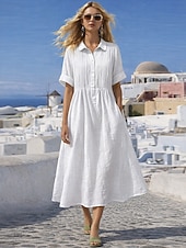 abordables Vestidos-Mujer Vestido Midi Vestidos con tacto de lino Vestido de Camisa Vestido Kaftan Moda Moderno Diario Exterior Vacaciones Ajuste regular Plano Manga Corta Cuello Camisero Azul Piscina Blanco Rosa Rojo