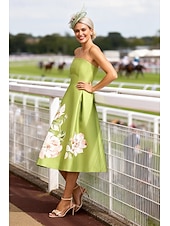 abordables Longitud del té-Corte A Vestido Midi Vestido Cóctel Vestido Derby Vestido de Madrina Sin Mangas Sin Tirantes Elegante Vintage Formal Invitado a la boda El derby de Kentucky Satén con Estampado flor