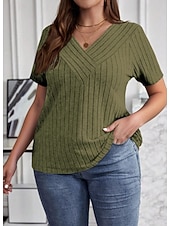 preiswerte Einfarbiges T-Shirt-Damen Übergröße Übergroße Rippstricktops T Shirt Stilvoll Lässig Kurzarm V Ausschnitt Lange Oberteile Täglich Ausgehen Wochenende Schwarz Wein Armeegrün Königsblau Purpur Sommer Frühling