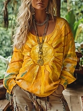 abordables Tops Boho-Mujer Camiseta bohemia Camiseta Camiseta superior Estampado Graphic Vintage Étnico Casual Manga Larga Escote en Pico Tops regulares Diario Fin de semana Ropa de vacaciones Amarillo Rojo Naranja Verde