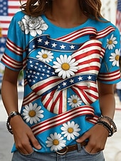 cheap Independence Day Top-American Independence Day Women's T Shirt Tee Top Print Floral Graphic Flag Stylish Classic Casual Short Sleeve Crew Neck Regular Tops Daily Going out Weekend Blue Light Blue Summer Spring