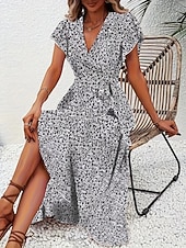 זול שמלות פרחוניות יומיומיות-בגדי ריקוד נשים שמלת מידי שמלת קז'ואל שמלת מעטפת שמלה פרחונית אלגנטית אופנתי מודרני בָּחוּץ חופשה ליציאה רגיל פרחוני שרוולים קצרים צווארון V שחור צהוב ורוד מסמיק אודם קיץ אביב