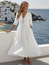 economico Abiti di Lusso-Per donna Abito Midi 100% cotone Abito a Tubino Abiti in cotone e lino Vestito Casual Essenziale Classico Casual Quotidiano All'aperto Vacanza Vestibilità comoda Semplice Mezza Manica Scollo a V