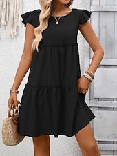 baratos Vestido branco-Mulheres Minivestido Vestido casual vestidos peplum Elegante Moda Moderno Ao ar livre Férias Para Noite Ajuste Largo Tecido Manga Curta Gola Redonda Azul Preto Verde Tropa Vinho Verão Primavera