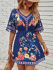 voordelige Boho Jurken-Dames Mini-jurk Boho-jurk Casual jurk Bloemetjesjurk Elegant Modieus Modern Buiten Vakantie Uitgaan Normale pasvorm Bloemig Korte mouw V-hals blauw Zwart Wit Zomer Lente