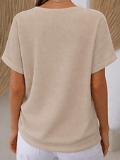 abordables T-shirt uni-Femmes Tee-shirt Gaufre T-shirt Boutons Devant Manchette roulée Élégant Occasionnel Manche Courte Col en V Hauts Réguliers Quotidien Sortir Vêtements de vacances Blanche Kaki Été Printemps