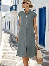 abordables Robe blanche-Femmes Robe Midi Robe fourreau Robe d'été Occasionnel Quotidien Coupe Ample Uni Manche Courte Col haut Vin bleu marine Gris Été