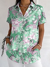 baratos Arte &amp; Design Blusas-Mulheres Camisa Social Botões Imprimir Gráfico Estampado Cashemere Vintage à moda Moderno Manga Curta Colarinho de Camisa Tops regulares Diário Azul Roxo Verde Cáqui Verão Primavera