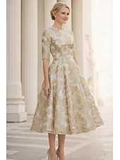 abordables Vestidos de cóctel-Corte A Vestido Midi Vestidos de coctel Elegante Vintage Lentejuelas Media Manga Cuello Barco Fiesta de jardin Boda Bolsillo Satén Jacquard con Estampado flor Bolsillo